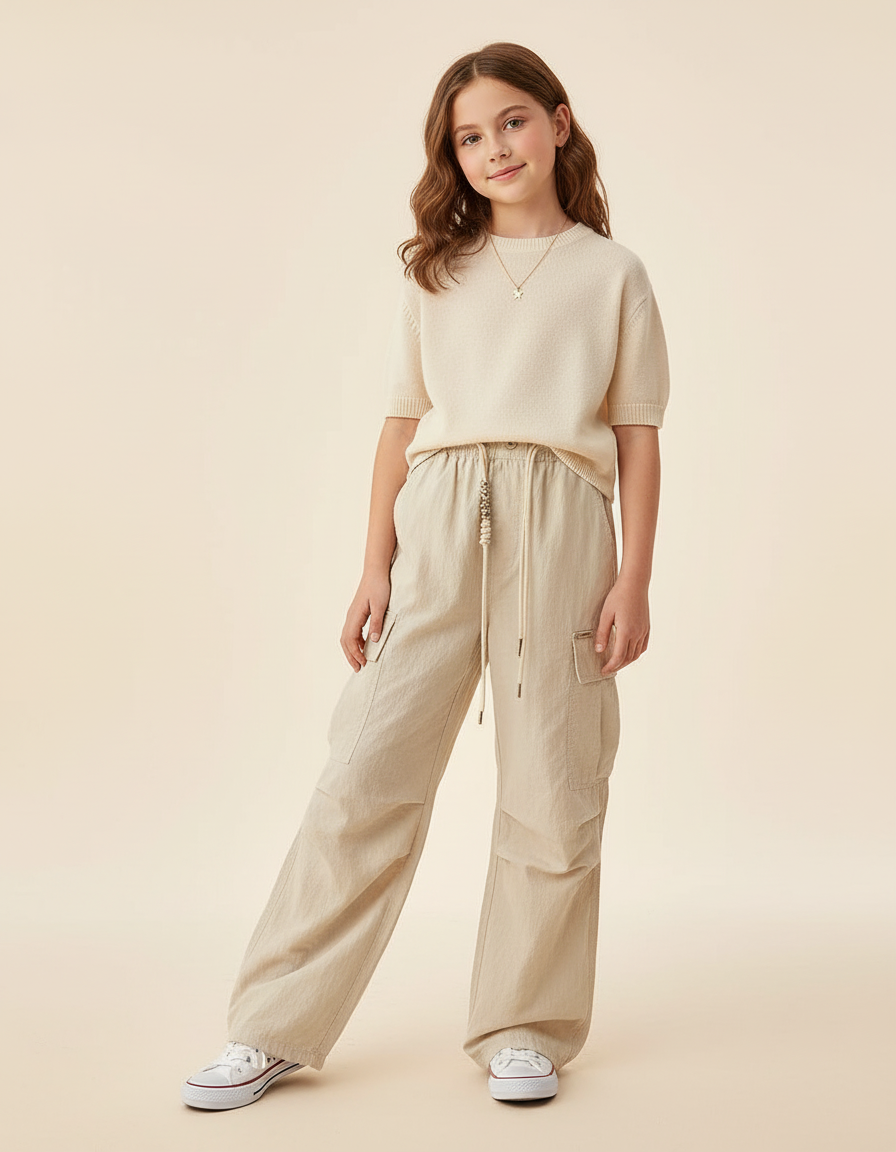 Pantalon Baggy Beige Cargo Ample Coton Fluide