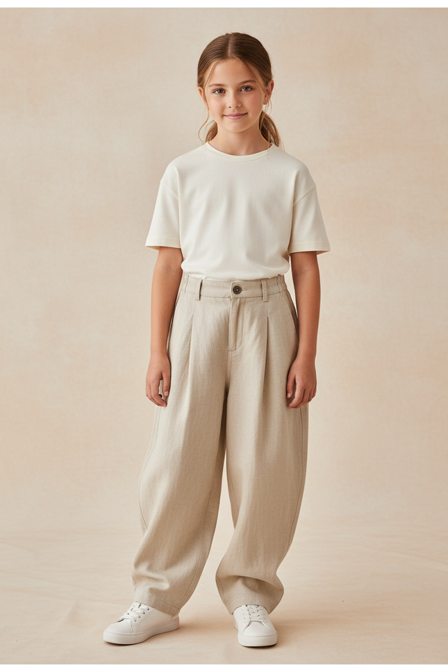 Pantalon Baggy Beige Lin Ample Plissé Confortable Enfant