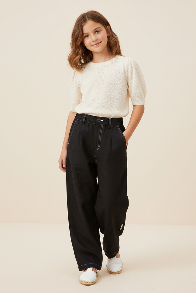 Pantalon Baggy Noir Ample Fluide Fille Couture Contrastée - Toile