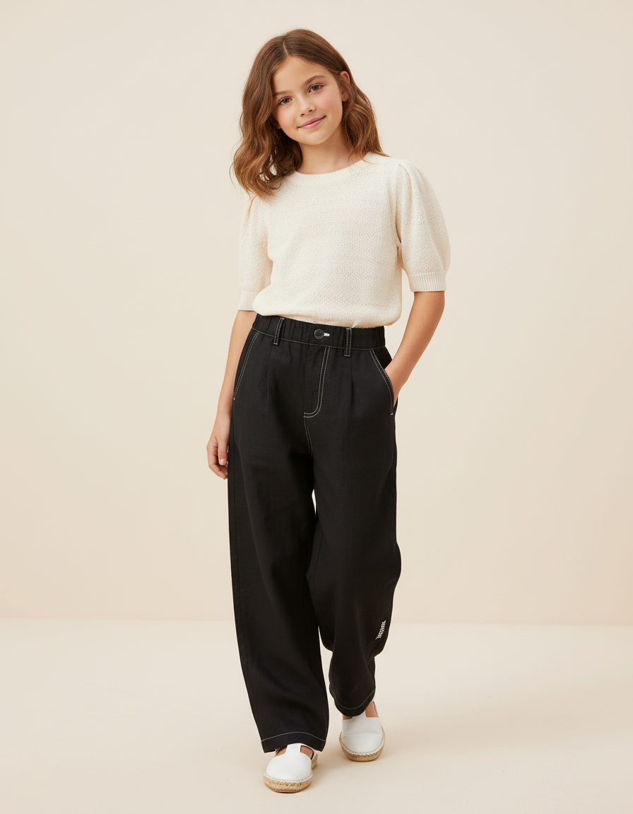 Pantalon Baggy Noir Ample Fluide Fille Couture Contrastée - Toile