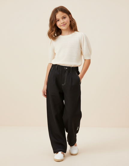 Pantalon Baggy Noir Ample Fluide Fille Couture Contrastée - Toile