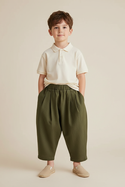 Pantalon Baggy Vert Olive Ample Plissé Décontracté Enfant - Kaki Coton