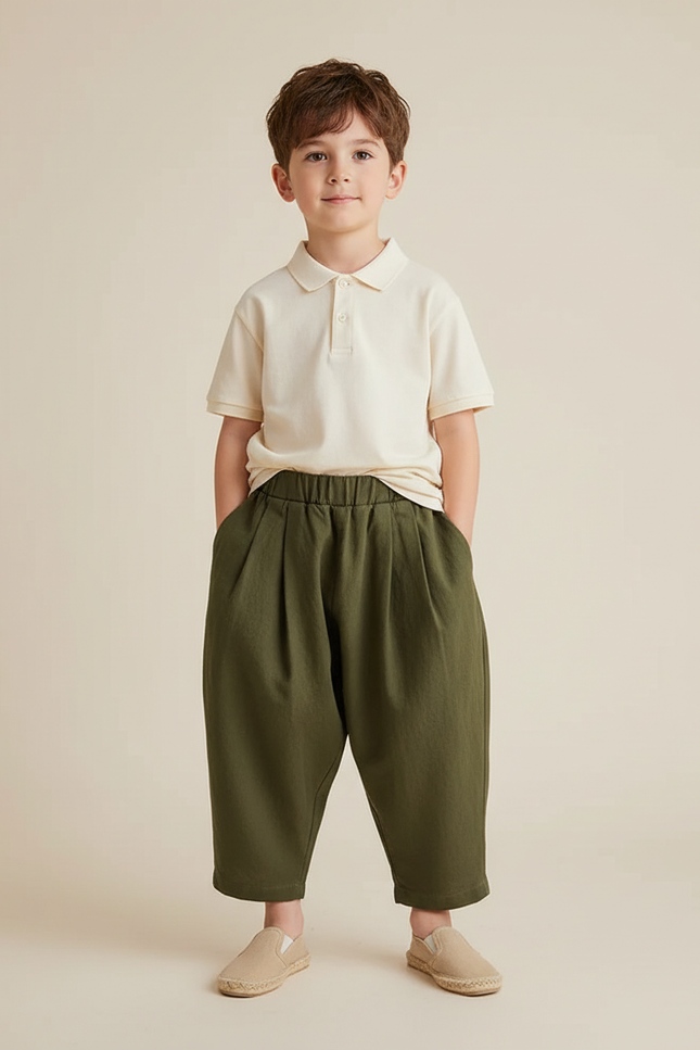 Pantalon Baggy Vert Olive Ample Plissé Décontracté Enfant - Kaki Coton