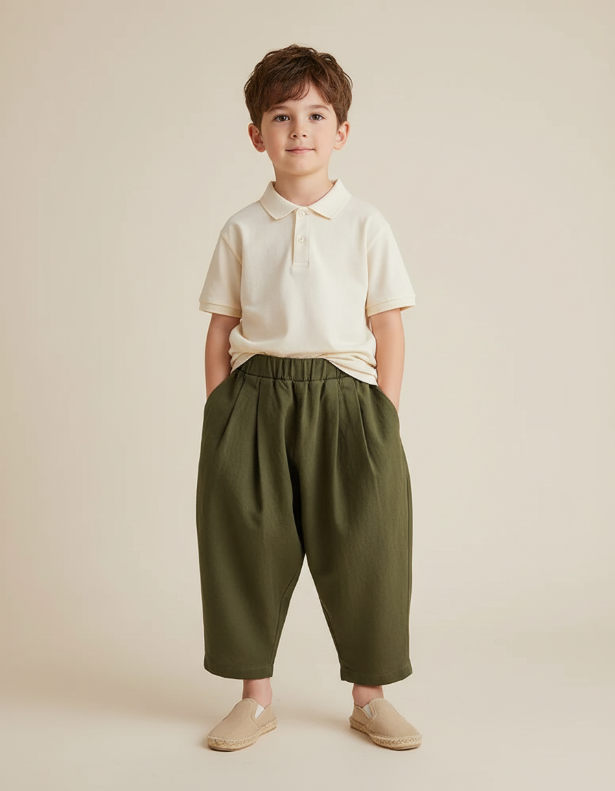Pantalon Baggy Vert Olive Ample Plissé Décontracté Enfant - Kaki Coton