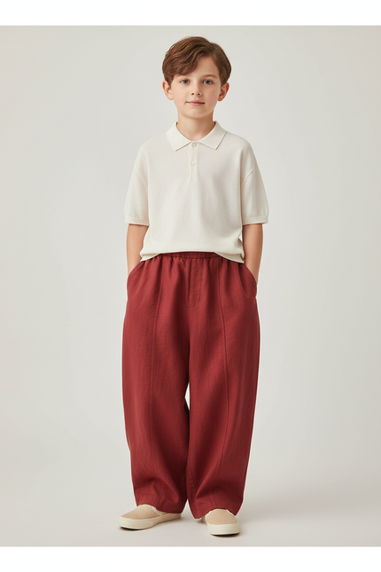 Pantalon Baggy Rouge Brique Ample Lin Enfant Confortable - Bordeaux