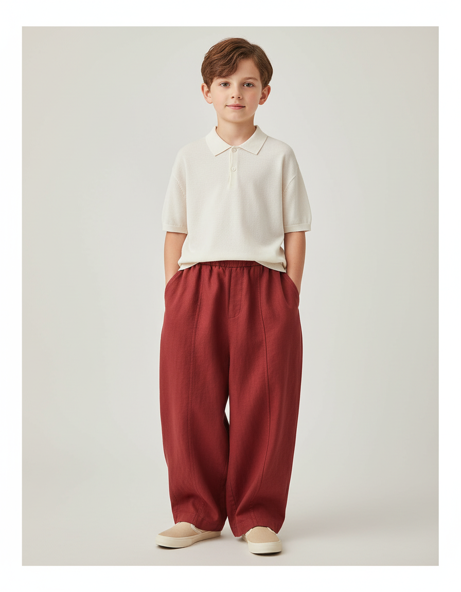 Pantalon Baggy Rouge Brique Ample Lin Enfant Confortable - Bordeaux