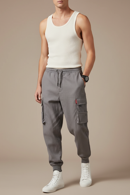 Pantalon Baggy Gris Cargo Ample Cordon Homme - Toile
