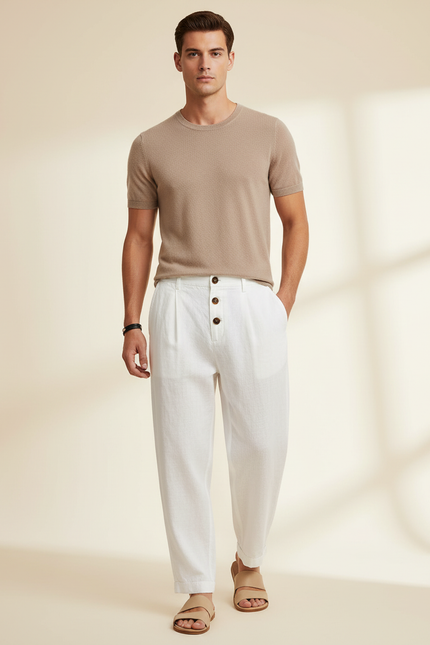 Pantalon Baggy Blanc Lin Ample Boutons Décontracté Homme