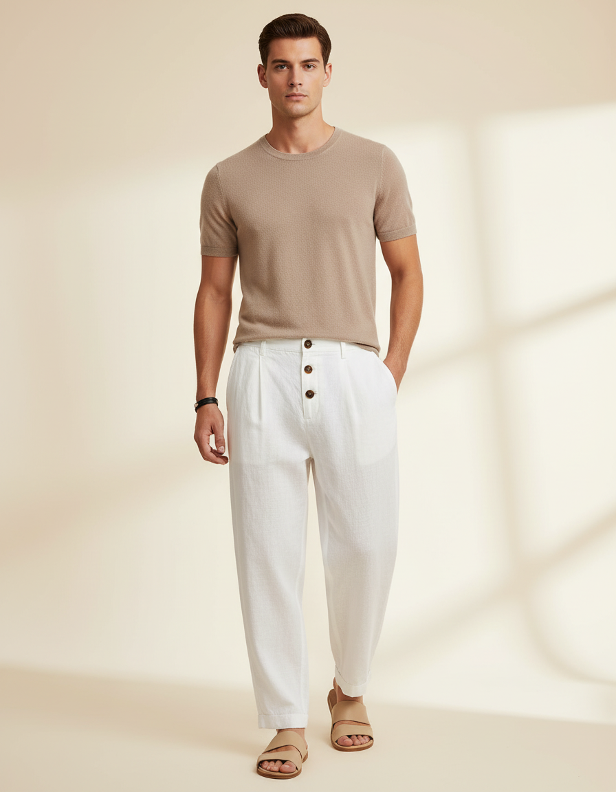 Pantalon Baggy Blanc Lin Ample Boutons Décontracté Homme