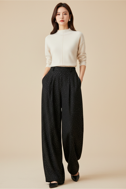 Pantalon Baggy Noir Ample Fluide Points Femme - Polyester