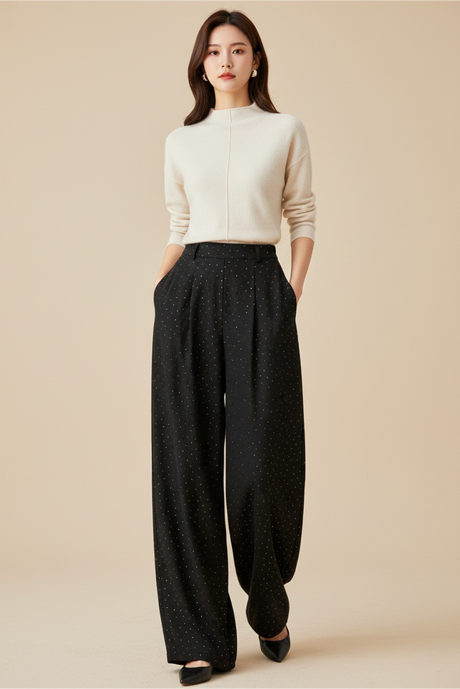 Pantalon Baggy Noir Ample Fluide Points Femme - Polyester