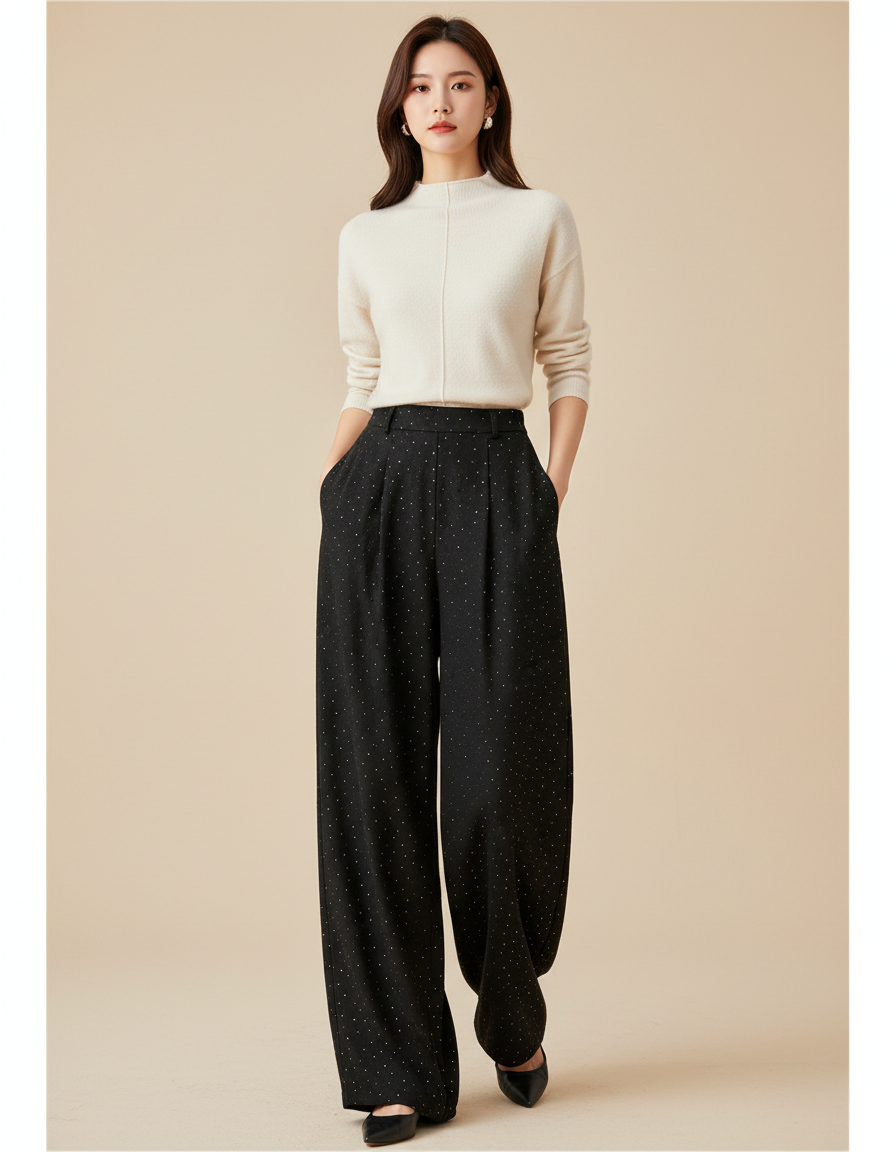 Pantalon Baggy Noir Ample Fluide Points Femme - Polyester