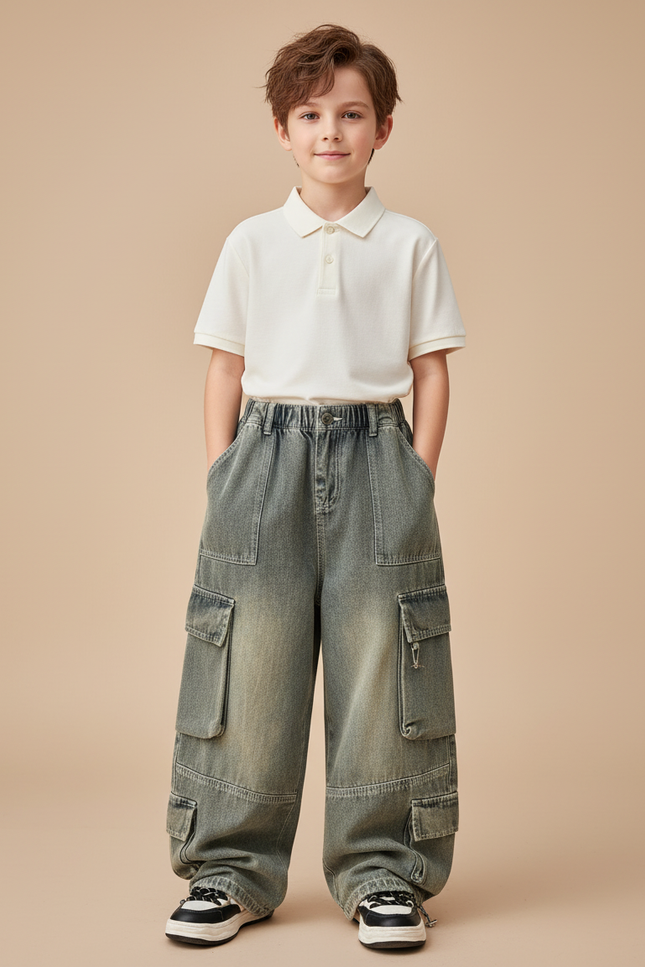 Pantalon Baggy Cargo Jean Ample Garçon Y2K - Kaki