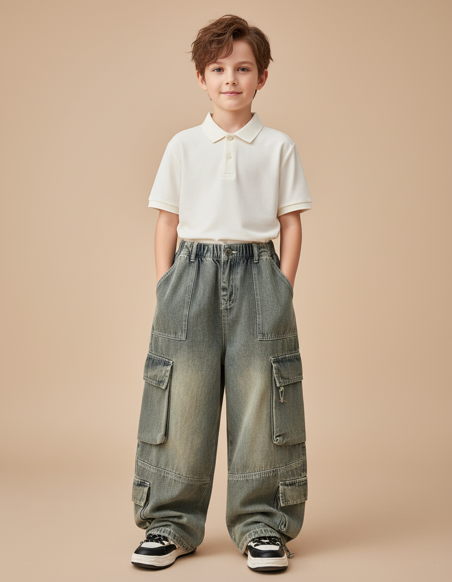Pantalon Baggy Cargo Jean Ample Garçon Y2K - Kaki