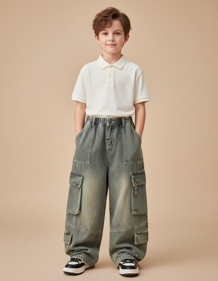 Pantalon Baggy Cargo Jean Ample Garçon Y2K - Kaki