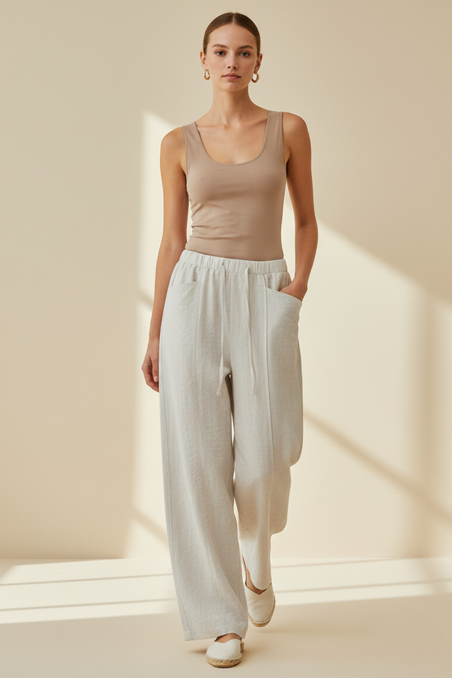 Pantalon Baggy Crème Texturé Ample Décontracté Femme - Beige Lin