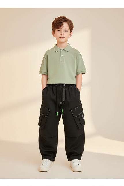 Pantalon Baggy Noir Ample Cargo Enfant Streetwear - Toile