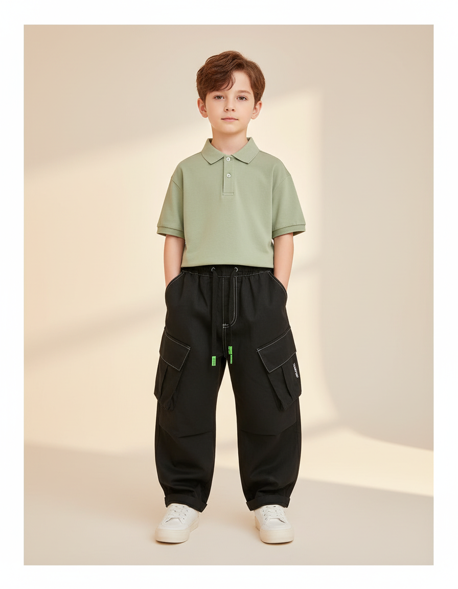 Pantalon Baggy Noir Ample Cargo Enfant Streetwear - Toile