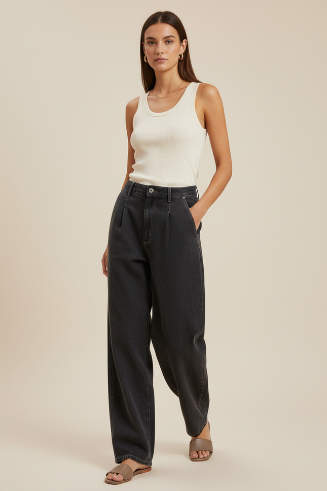 Pantalon Baggy Jean Gris Ample Plissé Décontracté