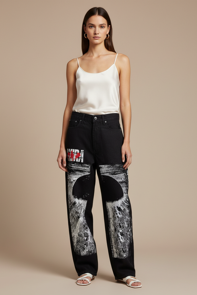 Pantalon Baggy Noir Ample Imprimé Manga Décontracté - Jean