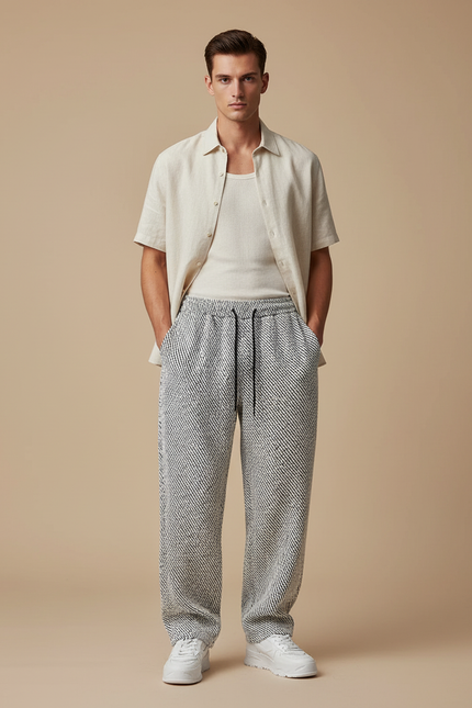 Pantalon Baggy Blanc Noir Imprimé Décontracté Homme Cordon - Tweed