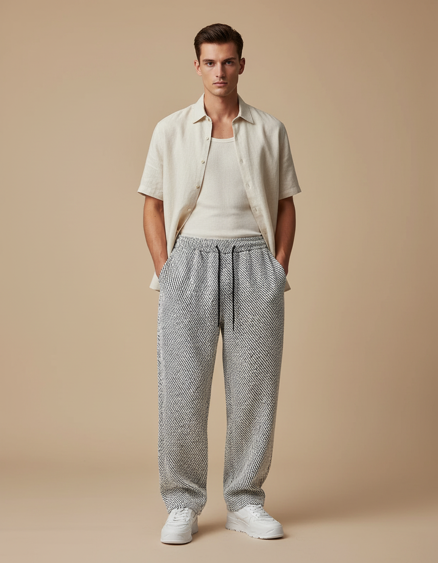 Pantalon Baggy Blanc Noir Imprimé Décontracté Homme Cordon - Tweed