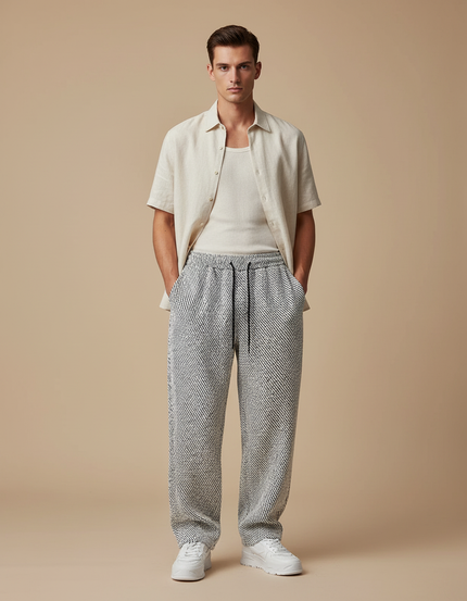 Pantalon Baggy Blanc Noir Imprimé Décontracté Homme Cordon - Tweed