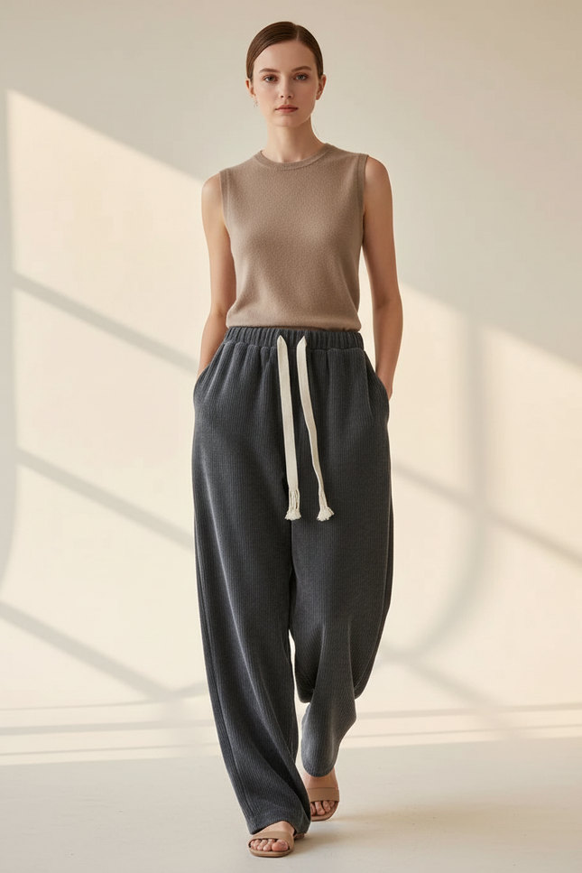 Pantalon Baggy Côtelé Gris Ample Cordon Décontracté - Cordé