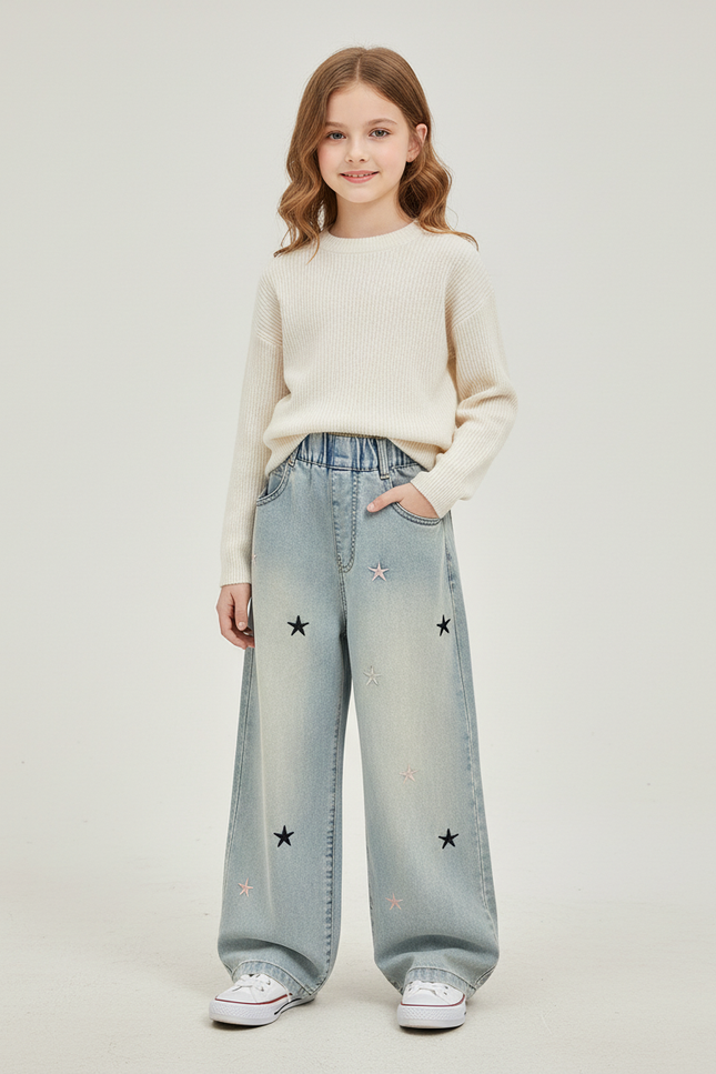 Pantalon Baggy Denim Étoiles Ample Fille - Bleu Jean