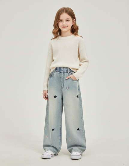 Pantalon Baggy Denim Étoiles Ample Fille - Bleu Jean