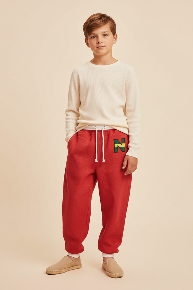 Pantalon Baggy Rouge Ample Cordon Brodé Enfant - Lin