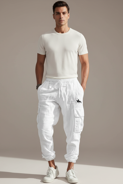 Pantalon Baggy Blanc Lin Cargo Ample Cordon Homme