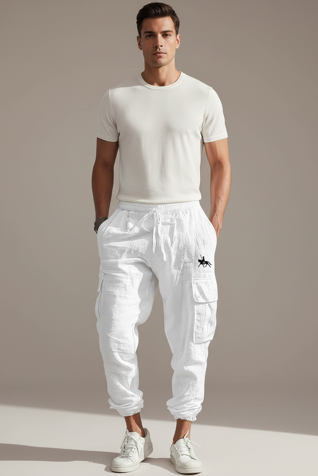 Pantalon Baggy Blanc Lin Cargo Ample Cordon Homme