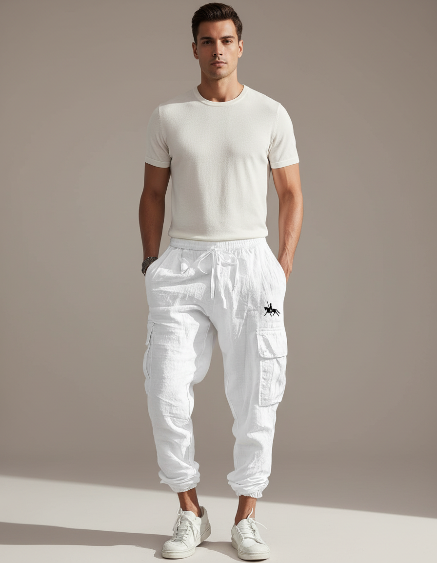Pantalon Baggy Blanc Lin Cargo Ample Cordon Homme