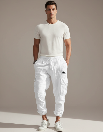 Pantalon Baggy Blanc Lin Cargo Ample Cordon Homme