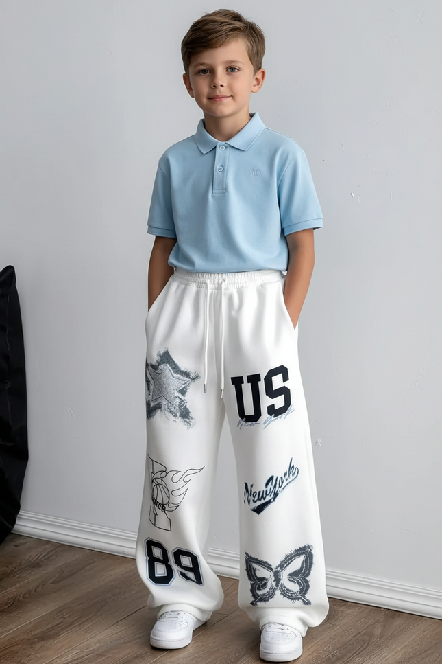 Pantalon Baggy Blanc Imprimé US Papillon Décontracté - Molleton