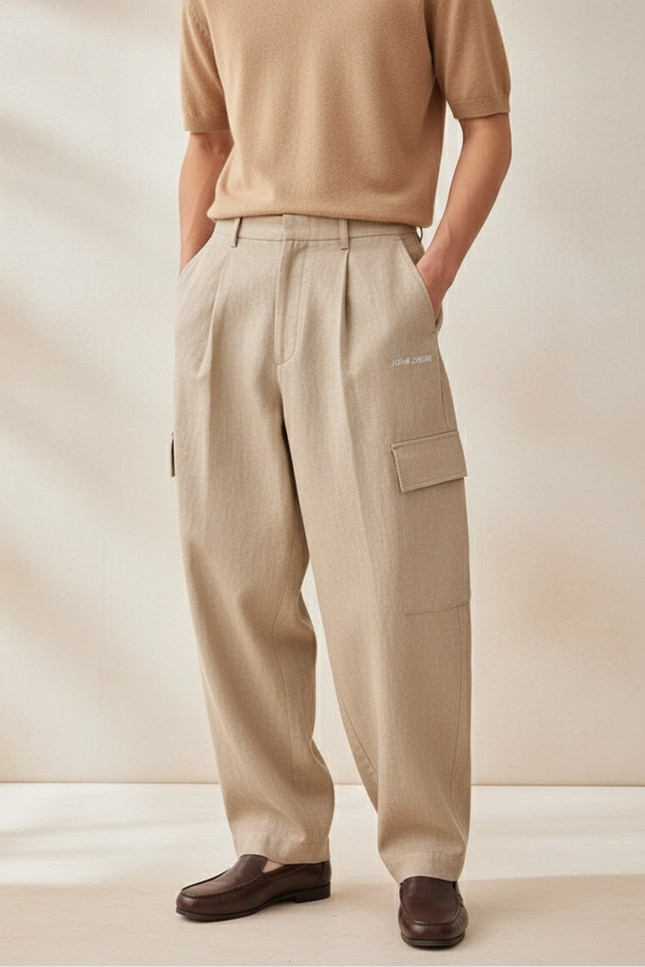 Pantalon Baggy Beige Plissé Ample Cargo Décontracté Homme - Lin