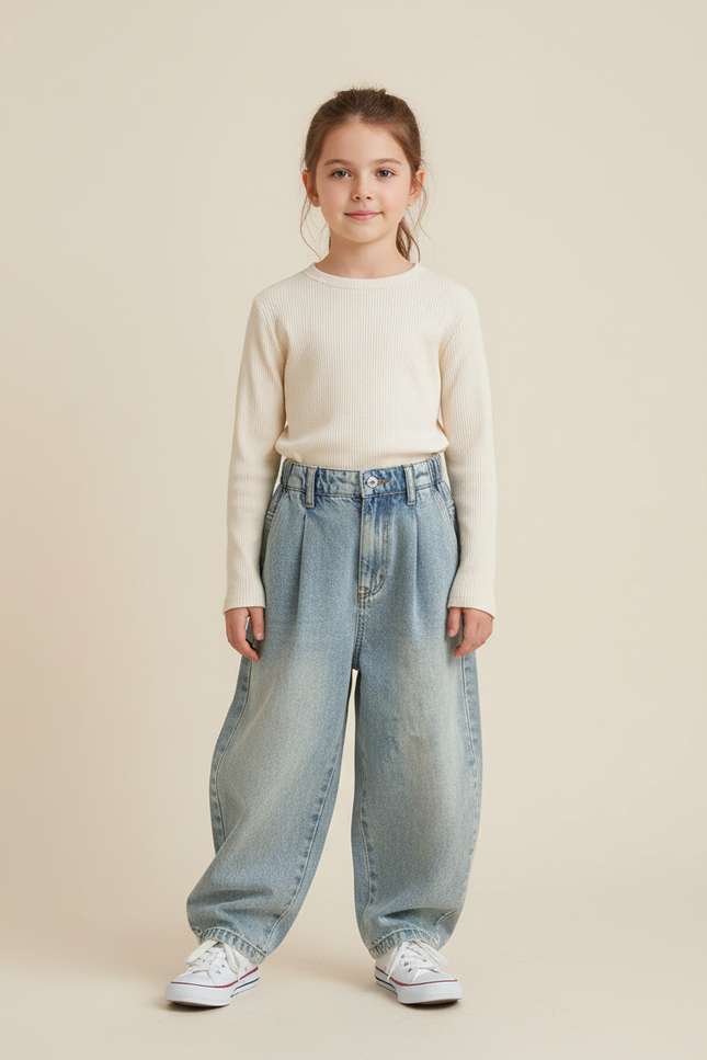 Pantalon Baggy Jean Bleu Clair Ample Plissé Décontracté