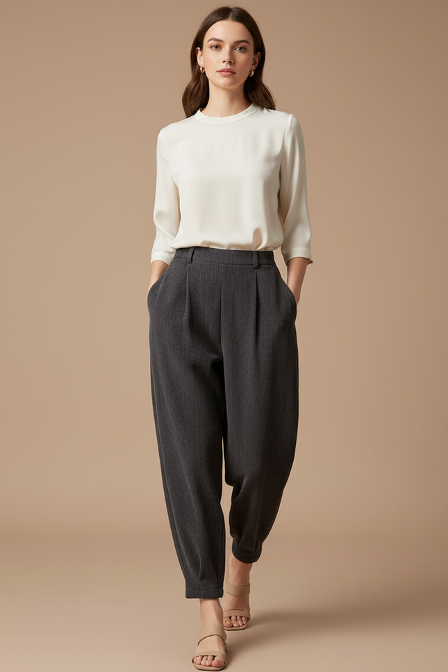 Pantalon Baggy Gris Côtelé Ample Décontracté Fluide - Cordé