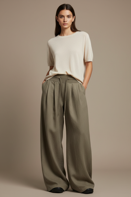 Pantalon Baggy Vert Kaki Ample Fluide Décontracté Femme - Lin