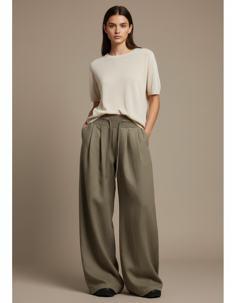 Pantalon Baggy Vert Kaki Ample Fluide Décontracté Femme - Lin