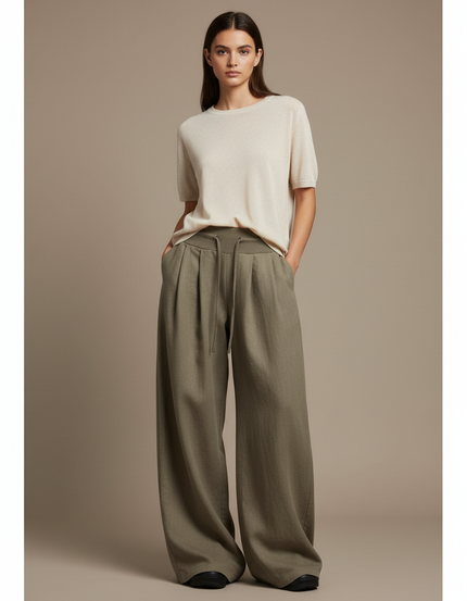 Pantalon Baggy Vert Kaki Ample Fluide Décontracté Femme - Lin