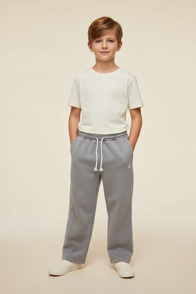 Pantalon Baggy Gris Ample Cordon Brodé Garçon - Molleton