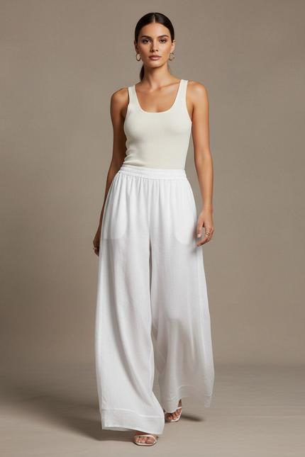 Pantalon Baggy Blanc Fluide Taille Haute Décontracté - Lin