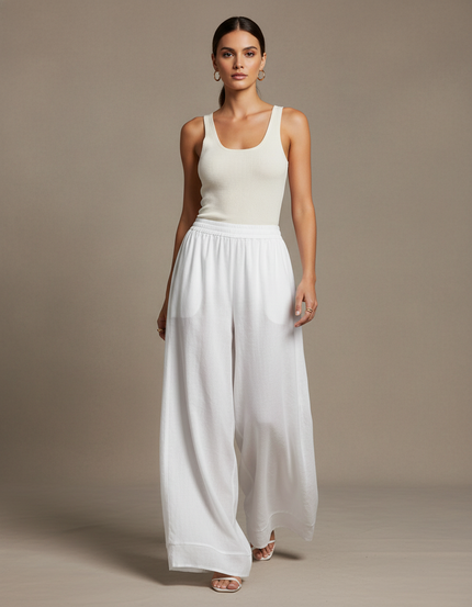 Pantalon Baggy Blanc Fluide Taille Haute Décontracté - Lin