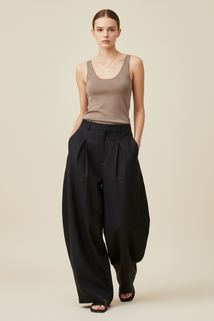 Pantalon Baggy Noir Ample Lin Plissé Taille Haute