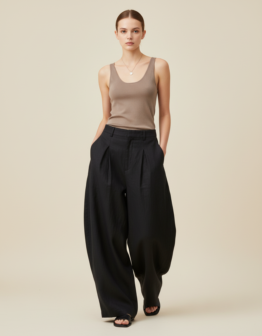 Pantalon Baggy Noir Ample Lin Plissé Taille Haute