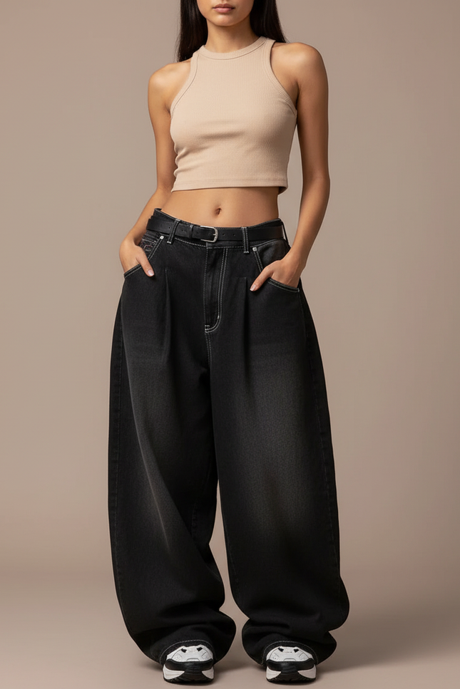 Pantalon Baggy Jean Gris Ample Plissé Décontracté Femme