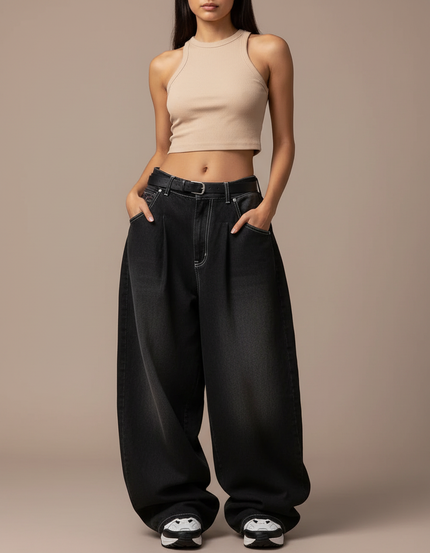 Pantalon Baggy Jean Gris Ample Plissé Décontracté Femme