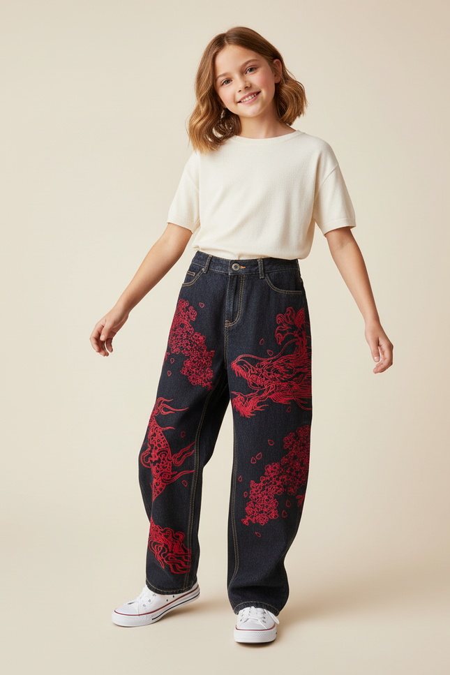 Pantalon Baggy Denim Bleu Marine Ample Imprimé Dragon Rouge - Jean